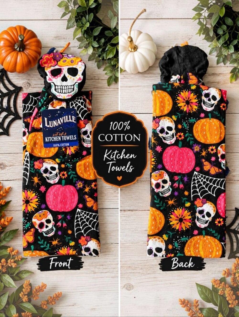 LUNAVILLE Halloween Kitchen Towel – 100% Cotton 💀🎃